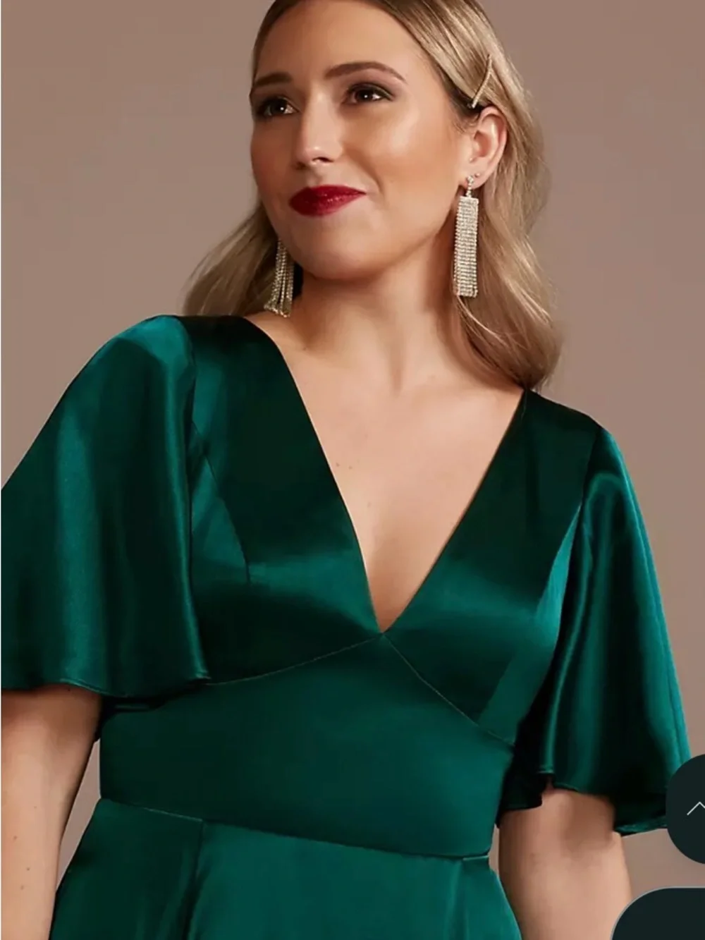 David's Bridal Emerald Green Satin V-Neck Maxi Dress - Picture 2 of 4